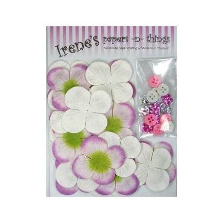 Zestaw papierowych kwiatków (20+10+10) białe z różem i zielenią