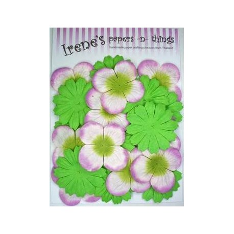 Zestaw papierowych kwiatków (20 szt.) zielone z biało-różowymi