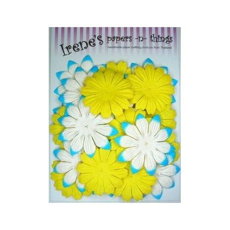 Zestaw papierowych kwiatków (20 szt.) żółte z biało-błękitnymi
