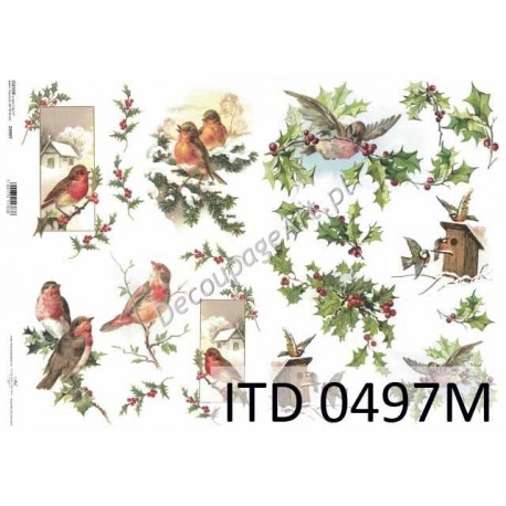 Papier do decoupage ITD 497 - Zimowe ptaszki i ostrokrzew