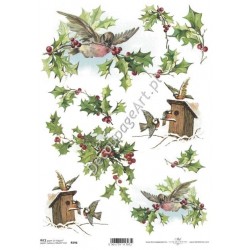 Papier ryżowy ITD Collection 594 - Zimowe ptaszki i ostrokrzew