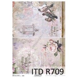 Papier ryżowy ITD Collection 0709 - Ptaszki i pismo