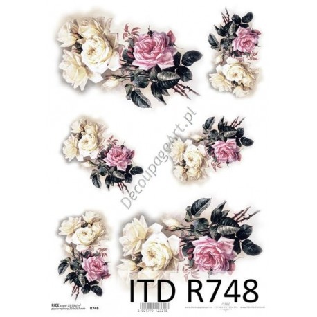 Papier ryżowy ITD Collection 748 - Białe i różowe róże