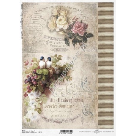 Papier ryżowy ITD Collection 713 - Róże i ptaszki
